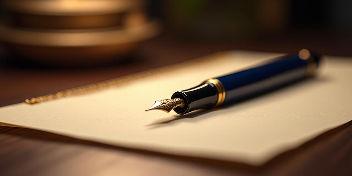 Soft lit workspace with fountain pen and parchment in a boutique hotel setting