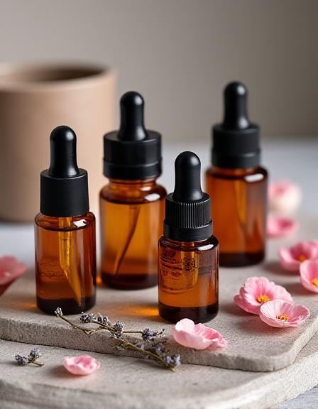 Close up of glass amber bottles with pink flowers